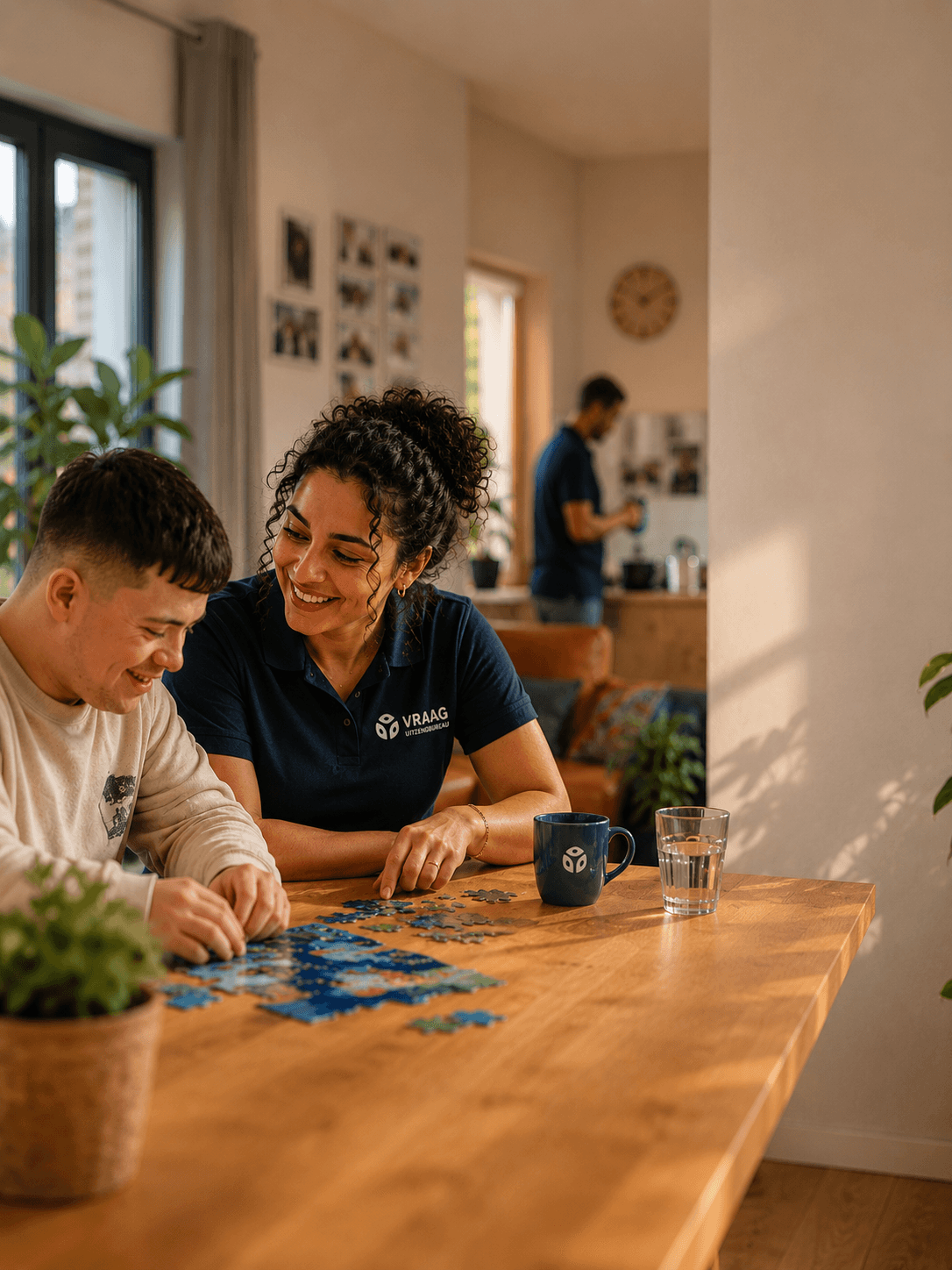 Begeleider en cliënt aan tafel, samen aan een puzzel, warm en betrokken.