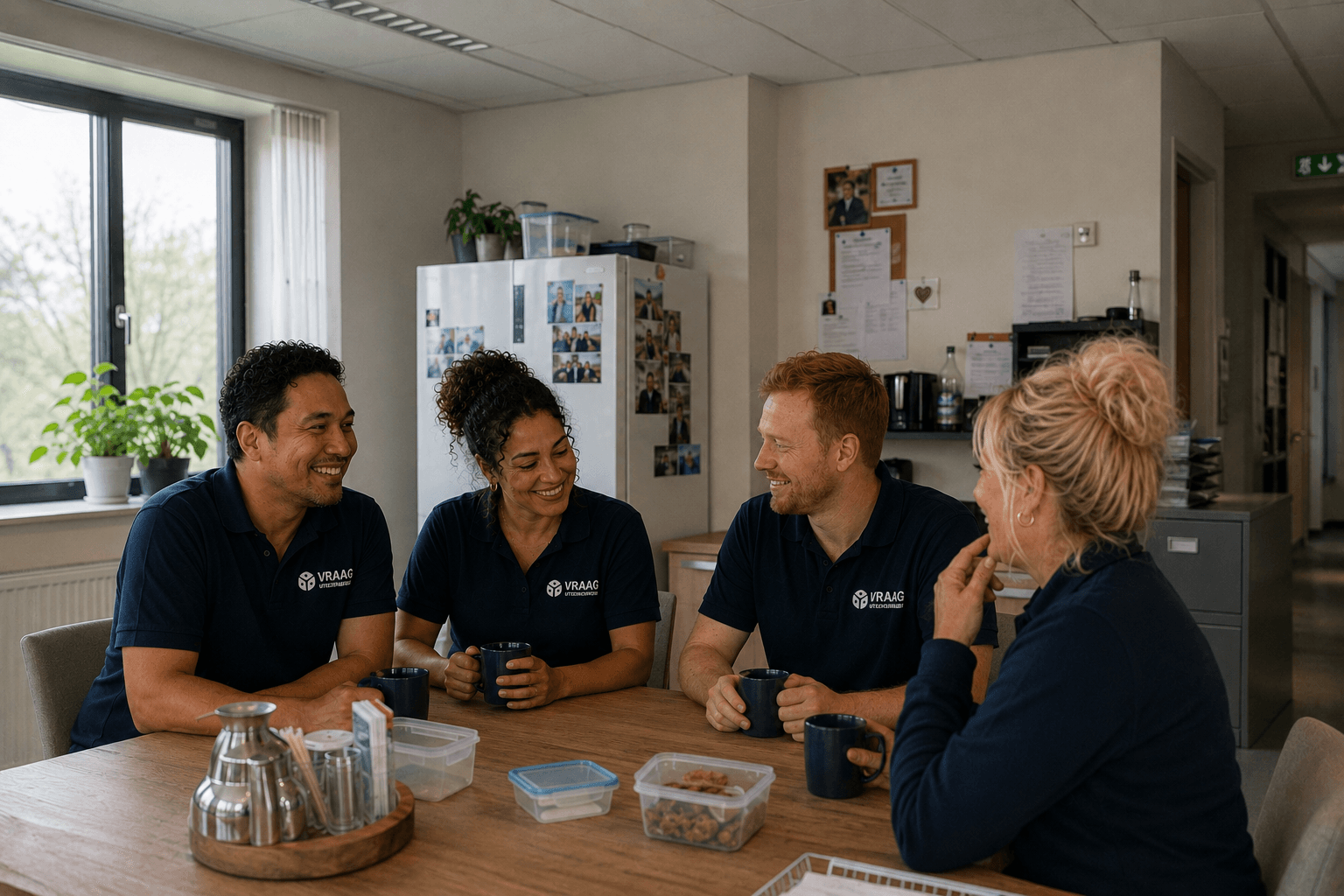 Team van Vraag Uitzendbureau rondom een tafel met koffie.